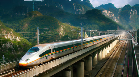 High speed train on the high-speed railway in the mountains.の素材
