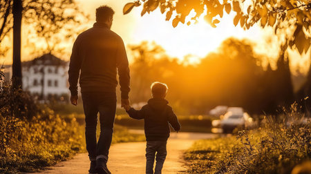 Father and son walking in the park at sunset. Concept of friendly family.の素材