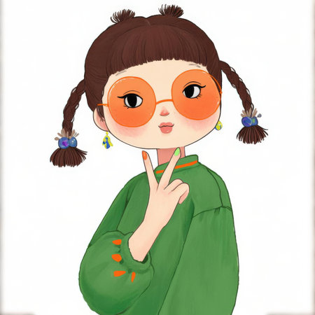 Cute little girl in a green coat and glasses. Vector illustration.の素材