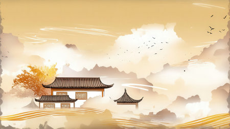 Chinese New Year's card background with traditional Chinese house and clouds.の素材