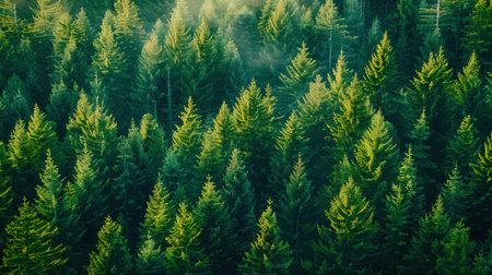 Foggy morning in the coniferous forest. View from above.の素材