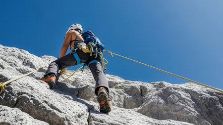 Climber climbing on a rocky wall with clear blue sky.の素材