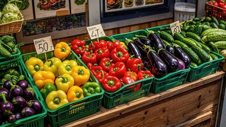 Variety of fresh vegetables on the counter of a grocery store.の素材
