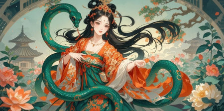 Chinese girl in a traditional dress with a snake. Chinese painting.の素材