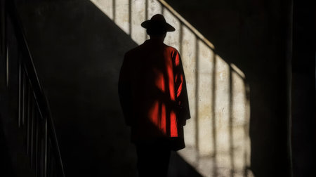 Silhouette of a man in a red coat and hat.の素材