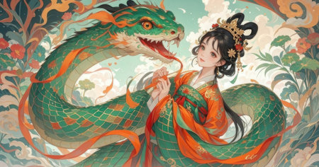 Chinese fairy tale, a dragon and a girl in a long dressの素材