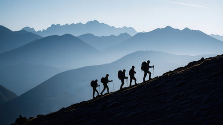 Silhouettes of a group of hikers on top of a mountainの素材