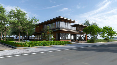 3d rendering of modern cozy house with parking and pool for sale or rent with wood plank facade.の素材