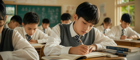 group of asian elementary school students writing in the classroom, education conceptの素材