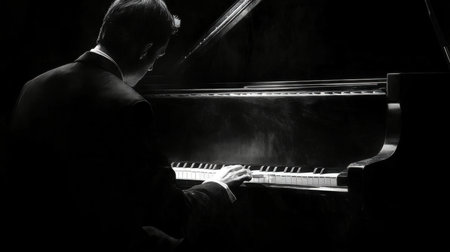 Pianist playing the piano on a dark background. Black and whiteの素材