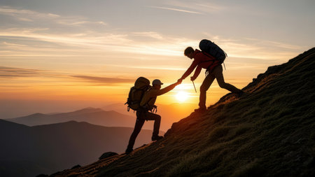 Silhouette of a man and woman with backpacks on the top of the mountain.の素材