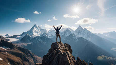 Hiker with raised hands standing on top of a mountain and enjoying the viewの素材