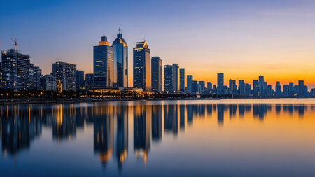 Panoramic view of modern skyscrapers at sunset, Shanghai, Chinaの素材