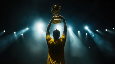 Rear view of soccer player holding a trophy on a dark backgroundの素材