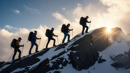 Group of hikers on the summit of a mountain in the Alps.の素材