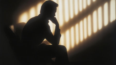 Silhouette of a man sitting on a chair in the rays of sunlightの素材