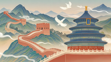 Landscape of ancient Chinese temple in the mountains. Vector illustration.の素材