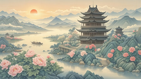 Landscape with pagoda and mountains at sunrise. Vector illustration.の素材