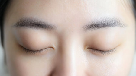 Close up of beautiful asian woman face with closed eyes. Soft focus.の素材