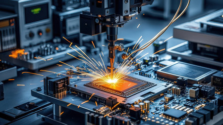 Robotic soldering and assembly of printed circuit board, 3d renderingの素材