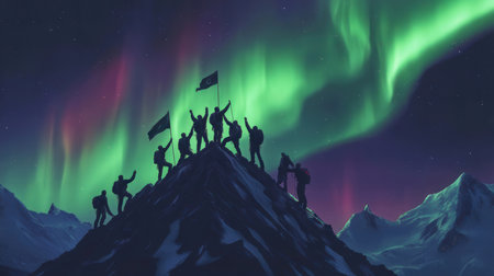 Aurora borealis, Aurora borealis, northern lights, group of climbers on the top of a mountain with a flag in their handsの素材