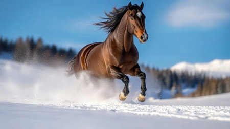 Bay stallion running in the snow in sunny day, winter landscapeの素材