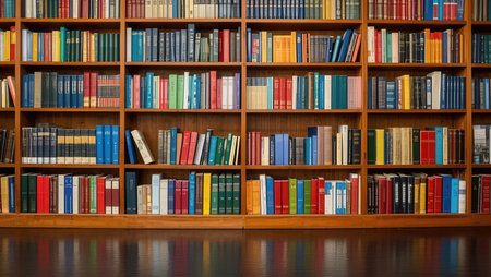Bookshelf with books in a library, close-up.の素材