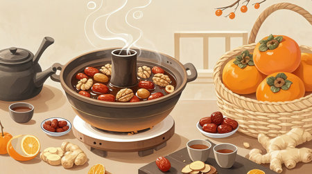 Illustration of a traditional oriental tea ceremony with honey and fruitsの素材