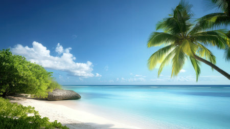 tropical beach with palm trees and white sand at Seychellesの素材