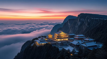 Sunset view of the Buddhist temple in Huangshan, China.の素材