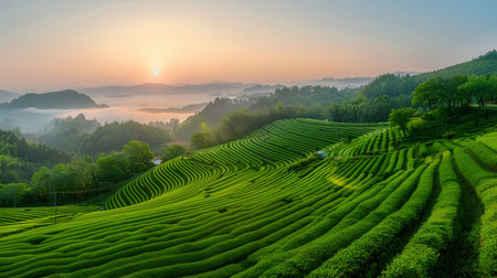 Tea Plantation at Sunrise, Chiang Rai Province, Thailand.の素材
