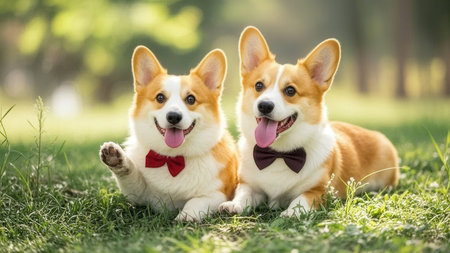 Two cute welsh corgi dogs sitting on green grass in parkの素材