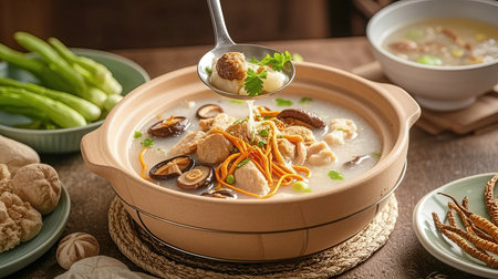 Chicken noodle soup in bowl on wooden table. Healthy food conceptの素材