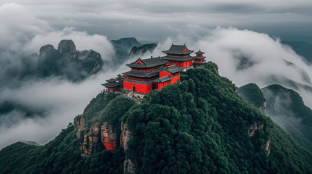 Mountain landscape with red pagodas in Huangshan, Chinaの素材