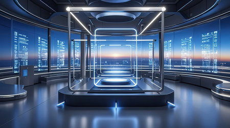 Futuristic interior with neon lights and display 3d rendering.の素材
