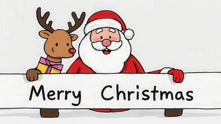 Santa Claus and reindeer on white background with Merry Christmas textの素材