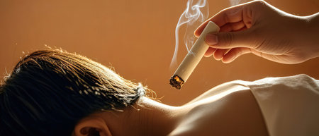 Close-up of a woman's hand with a cigarette in her hairの素材