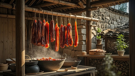 Sausages hanging on the wall of a rustic house.の素材
