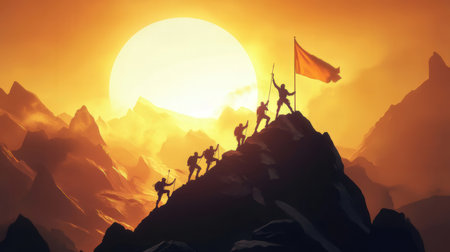 Silhouettes of soldiers on the top of the mountain. 3d renderの素材