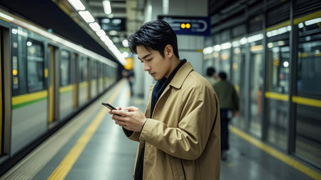 young asian man using mobile phone in subway train station. transportation conceptの素材