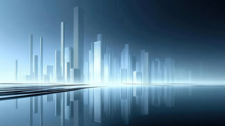 abstract 3d illustration of futuristic city with white lines on blue backgroundの素材