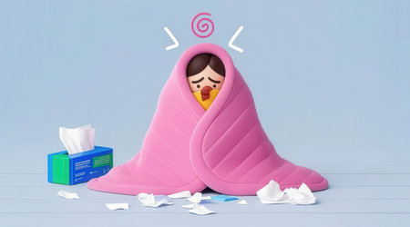 Sick woman in a pink blanket with a cold. 3d renderingの素材