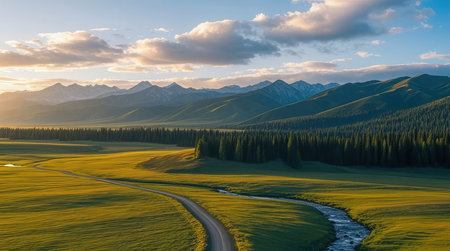 Aerial view of the road in the Altai mountains at sunsetの素材