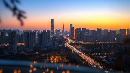 Aerial view of Shanghai Pudong skyline at sunset, Chinaの素材