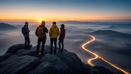 Silhouette of a group of friends standing on the top of the mountain and watching the sunriseの素材