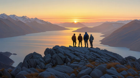 Group of tourists standing on the edge of a mountain and looking at the sunsetの素材