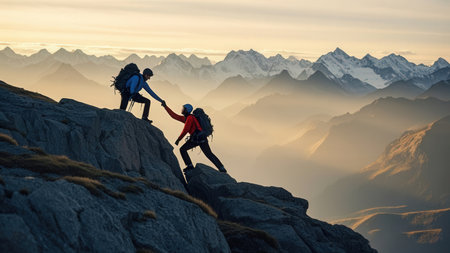Couple of climbers reaching the top of a mountain during sunset.の素材