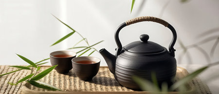 Teapot and cups of tea on bamboo mat, closeupの素材