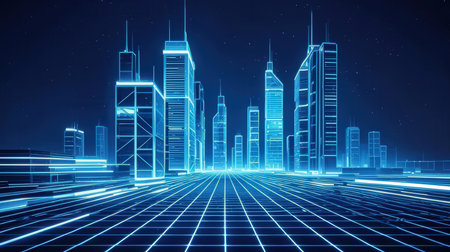 3d rendering, Futuristic city in virtual space. Futuristic cityscape with neon lights.の素材