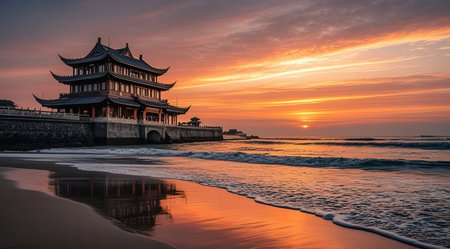 Beautiful sunset view of Hwaseong Fortress in Jeju Island, South Koreaの素材